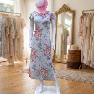 Vintage Mary McFadden Blue Floral Romantic Midi Dress 1990’s Size 6